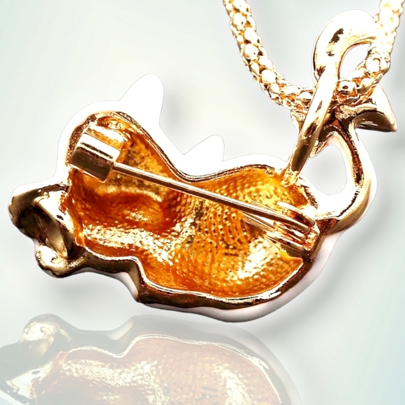 2 new gold plated black-and-white green crystal cat bow necklace/brooches - Picture 12 of 16